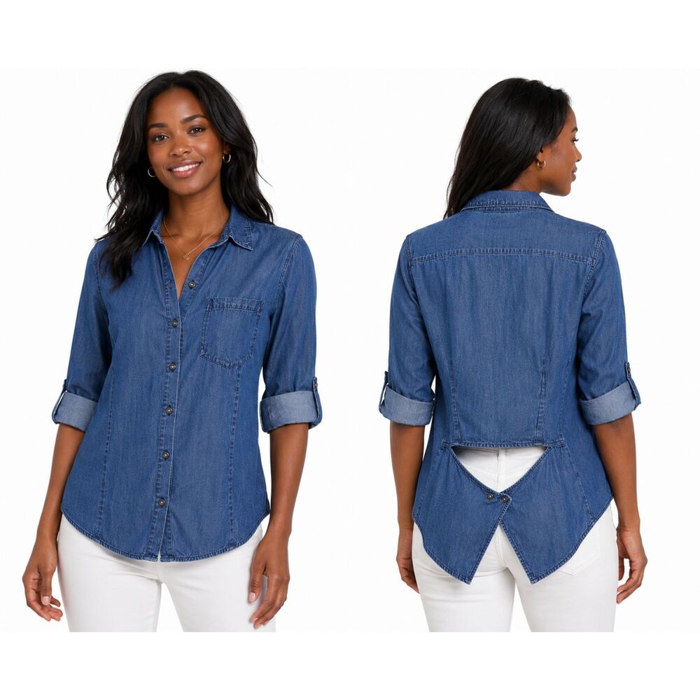 Chambray Denim Look Button Up Shirt Split Back Roll Tab Sleeve Top L